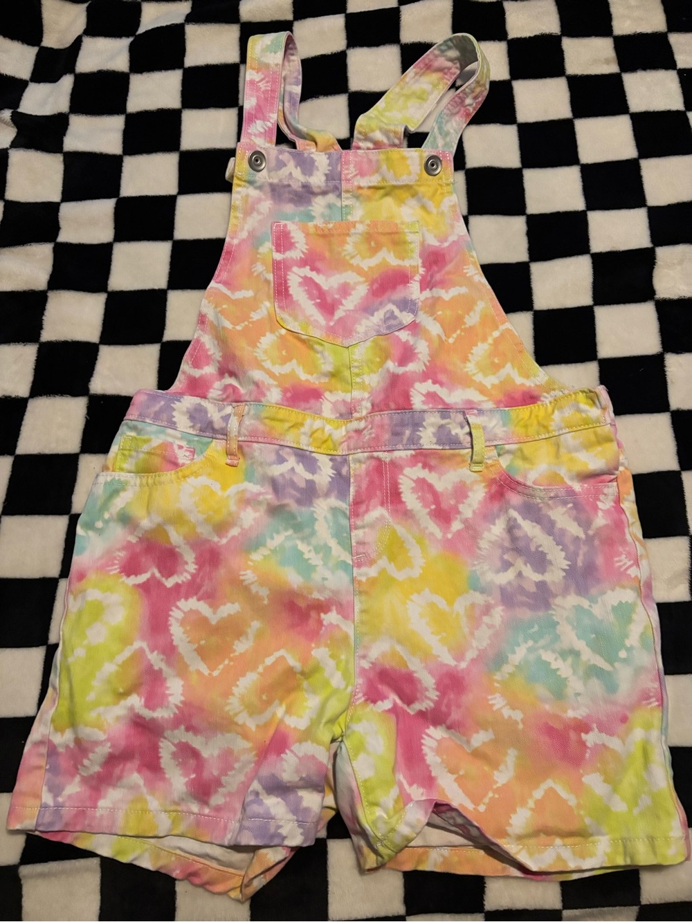 Size 14 children’s place tyedye rainbow heart short overalls